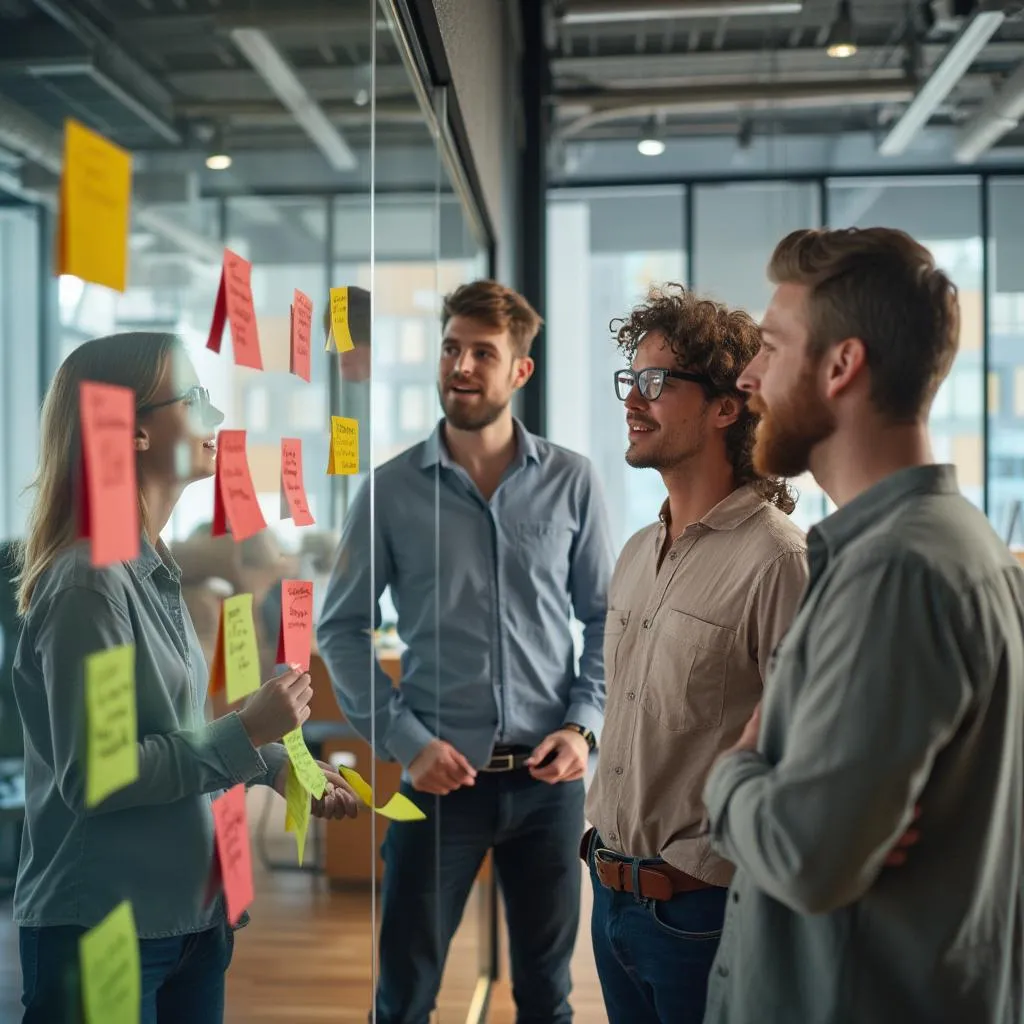 Team brainstorming session with sticky notes